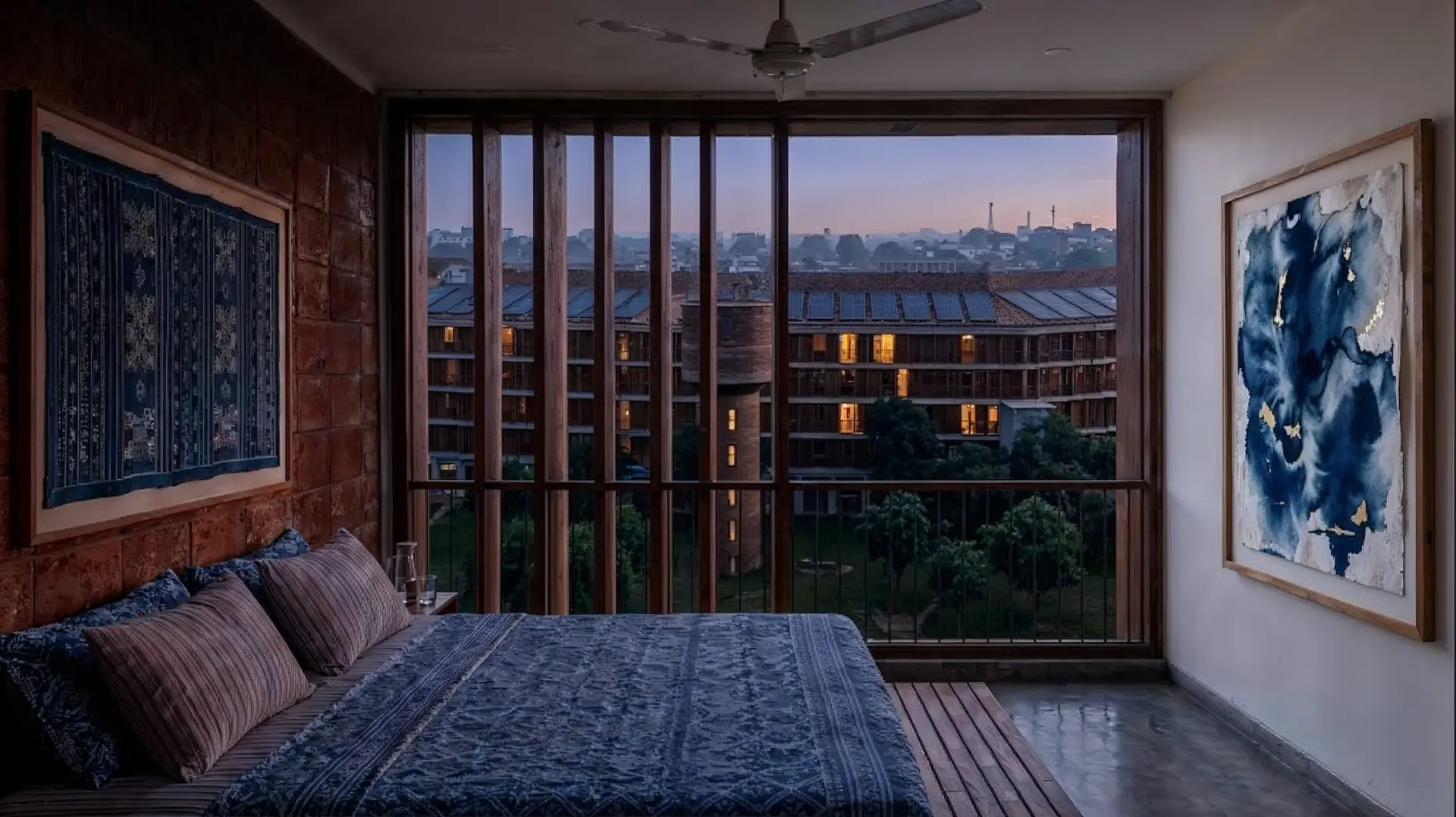Bedroom at dusk, over the garden